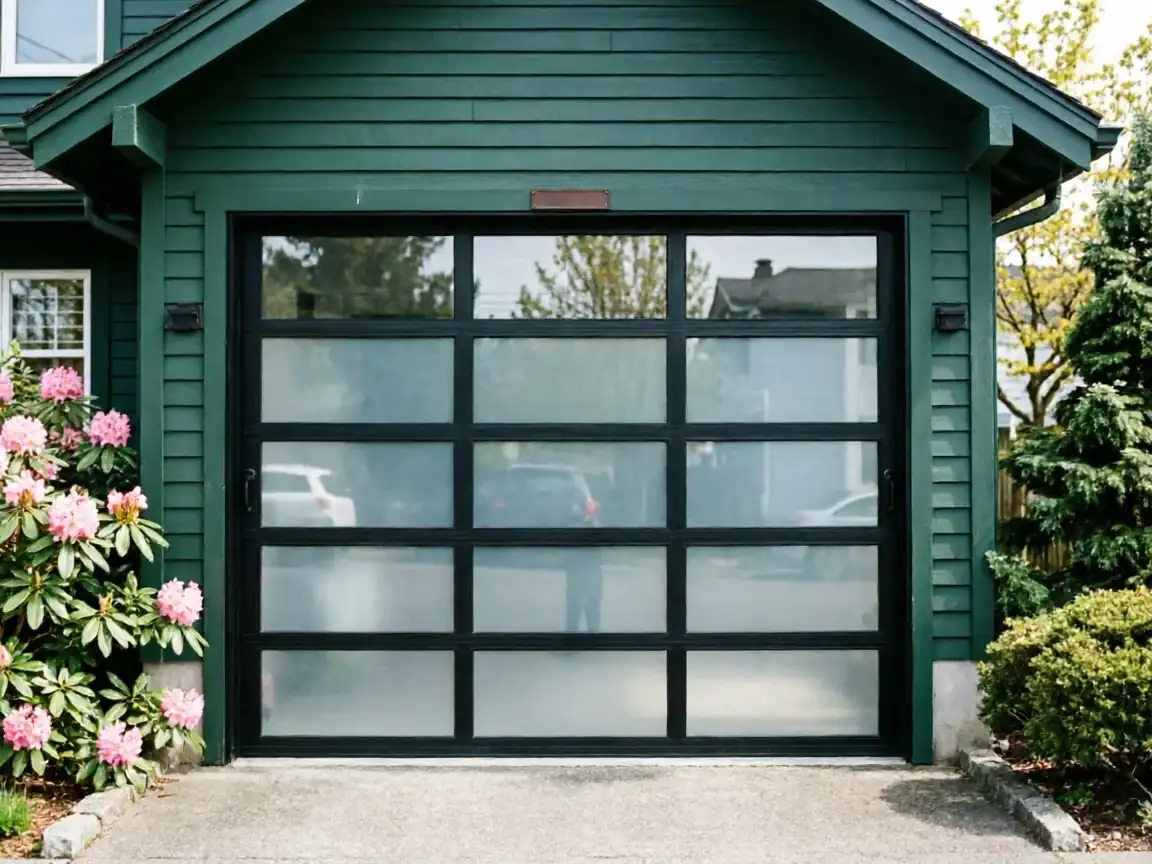 A dark green house with a black garage door with frosted glass panels.