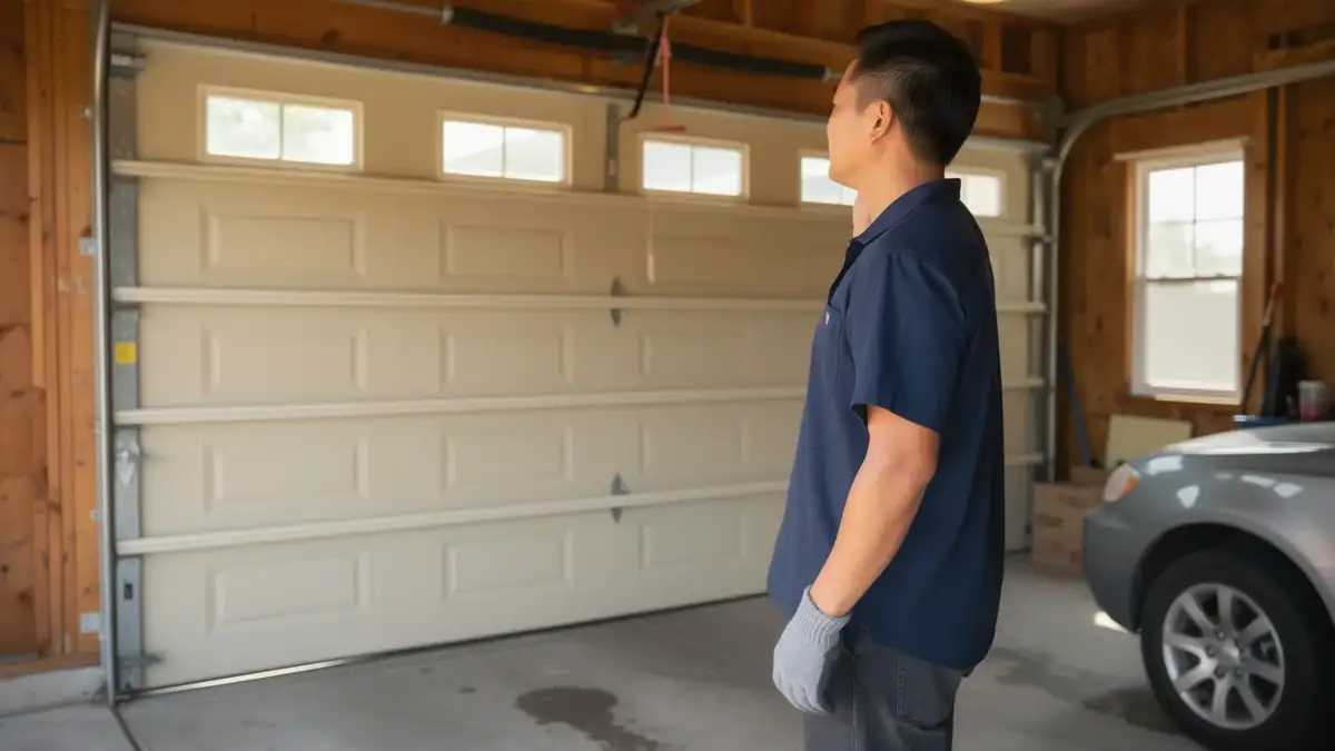 A technician in a blue shirt stands in a garage looking at a beige garage door.