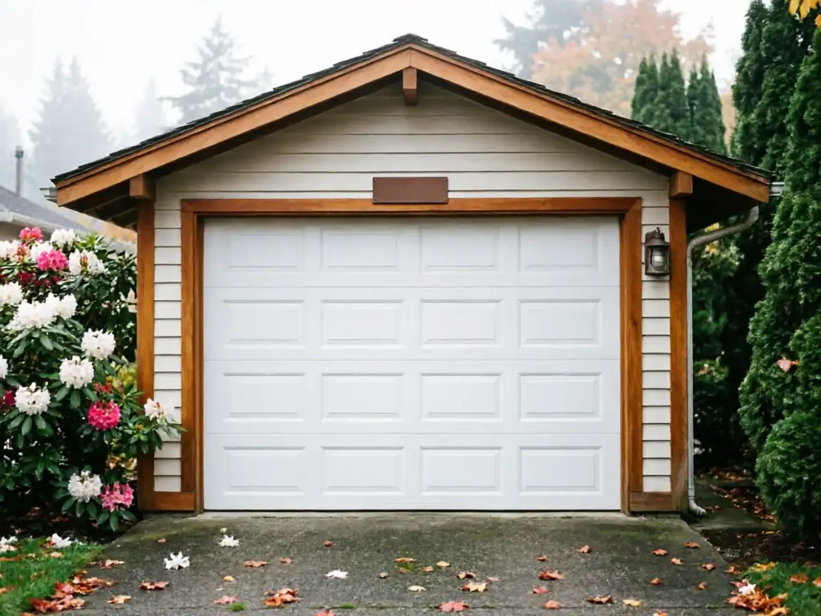 A white garage door with wood trim, a light, and flowering bushes.